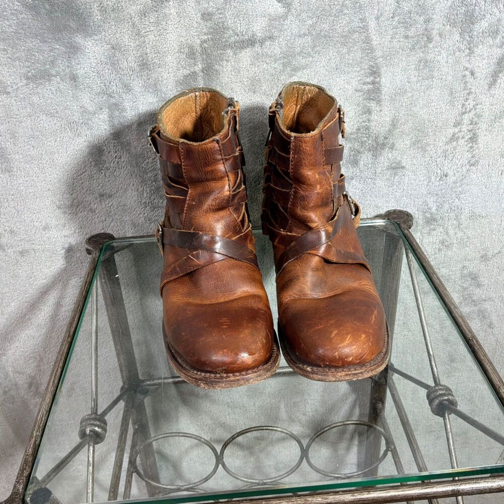 Freebird Sammi Boots Womens 7 Brown Leather Distress Belted Strapy Ankle Bootie - Picture 2 of 10